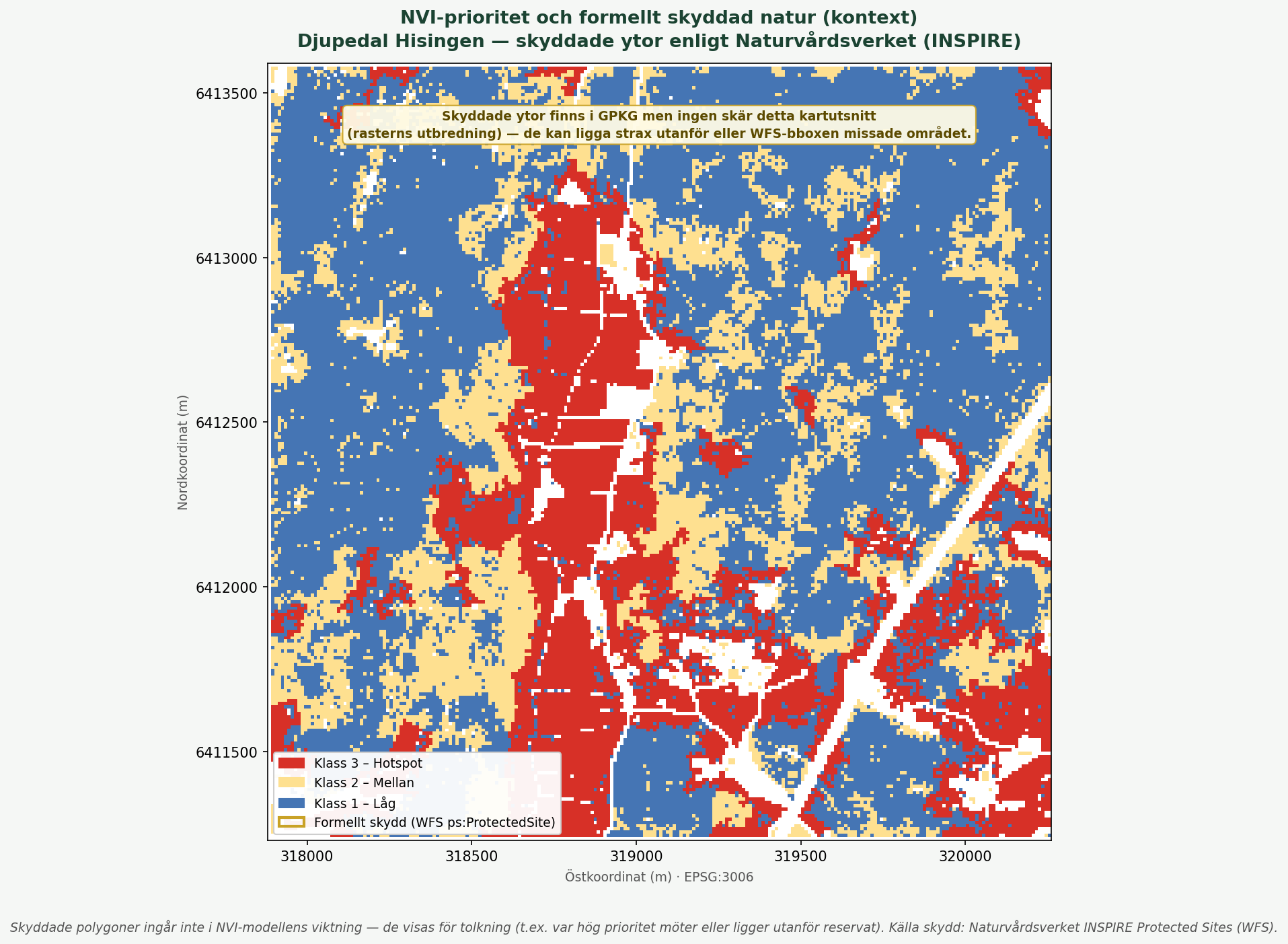 Hotspot-klasser med gula konturer för formellt skyddad natur enligt Naturvårdsverket